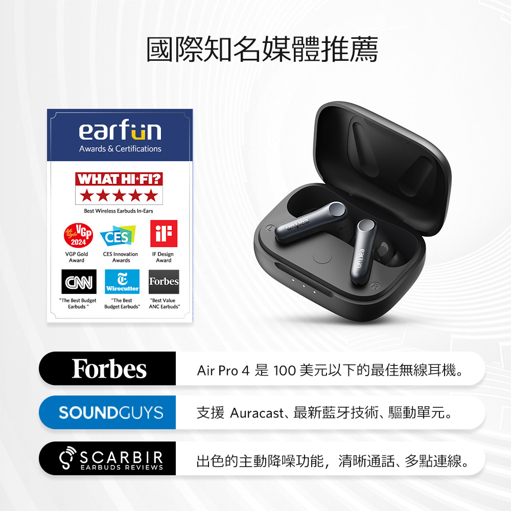 國際知名媒體推薦 Air Pro 4 是 100美元以下的最佳無線耳機。 SOUNDGUYS 支援 Auracast、最新藍牙技術、驅動單元。 SCARBIR 出色的主動降噪功能,清晰通話、多點連線。 