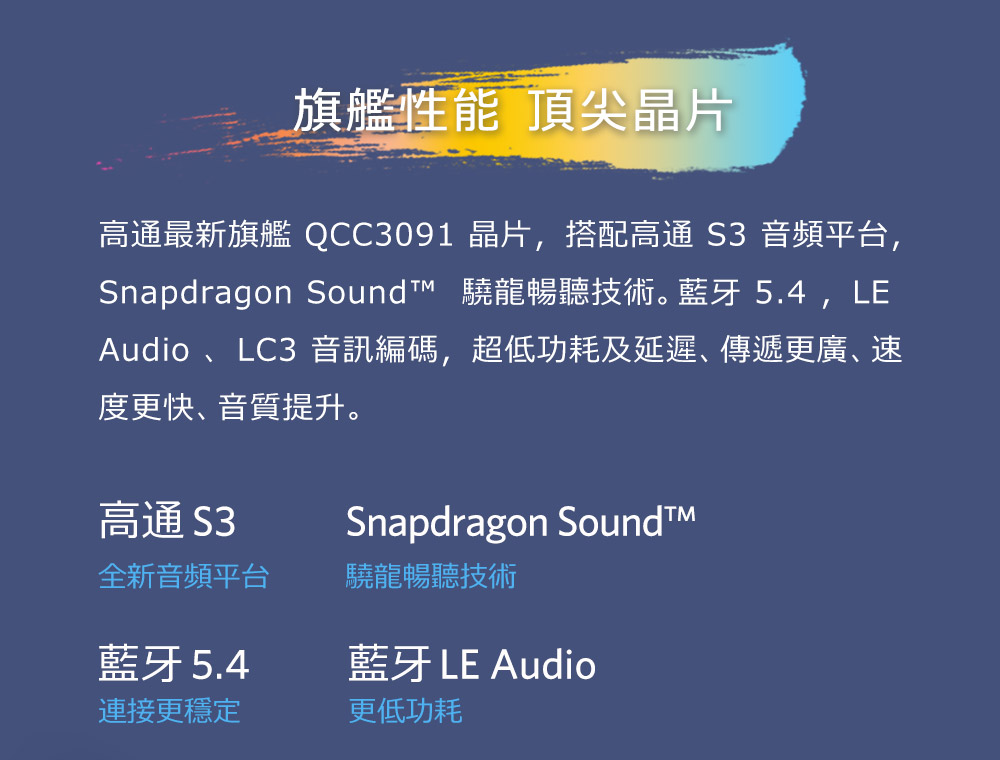 Snapdragon Soundt 驍龍暢聽技術。藍牙 5.4, LE