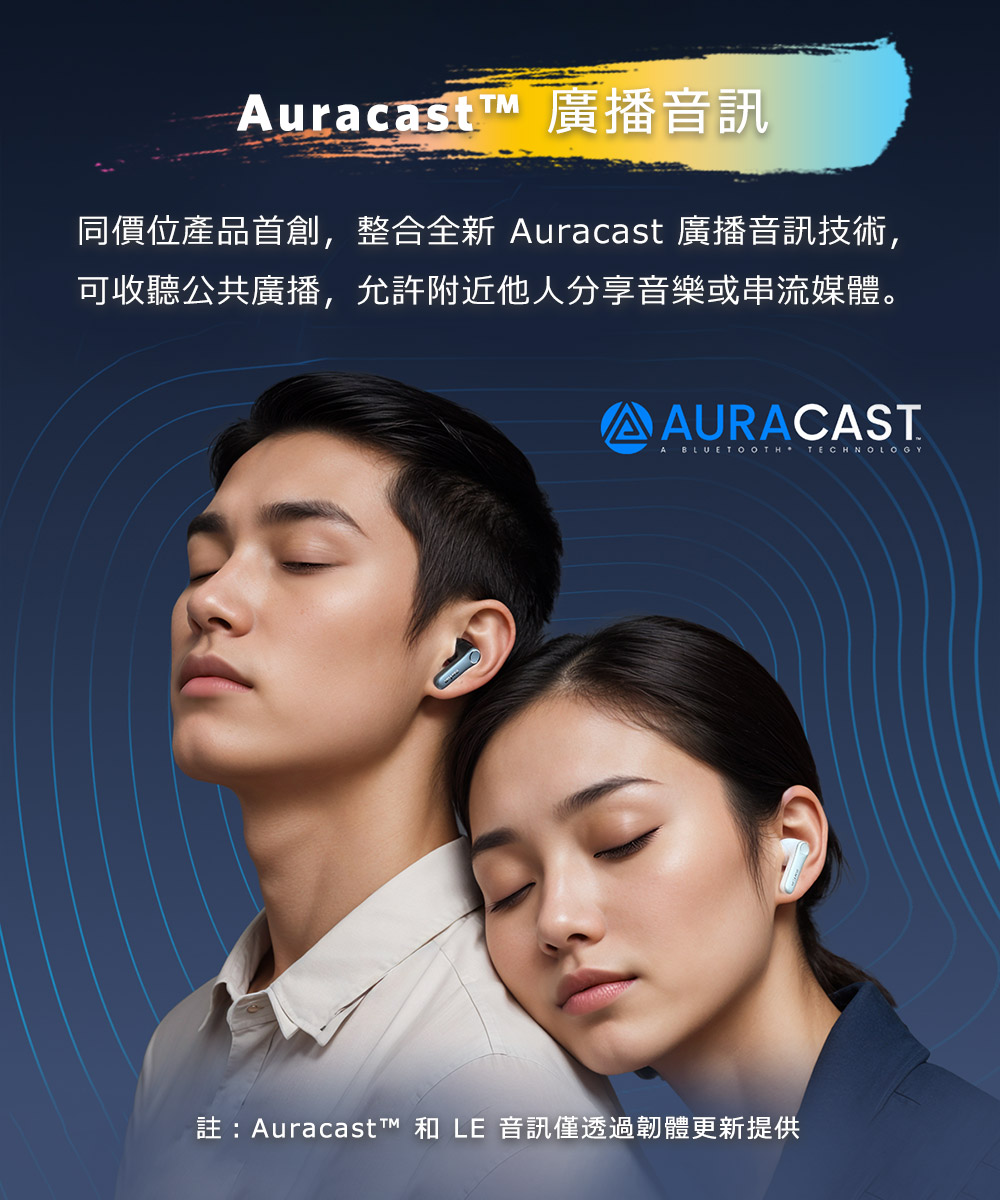 AuracastT 廣播音訊 同價位產品首創,整合全新 Auracast 廣播音訊技術, 可收聽公共廣播,允許附近他人分享音樂或串流媒體。 註Auracast 和 LE 音訊僅透過韌體更新提供 