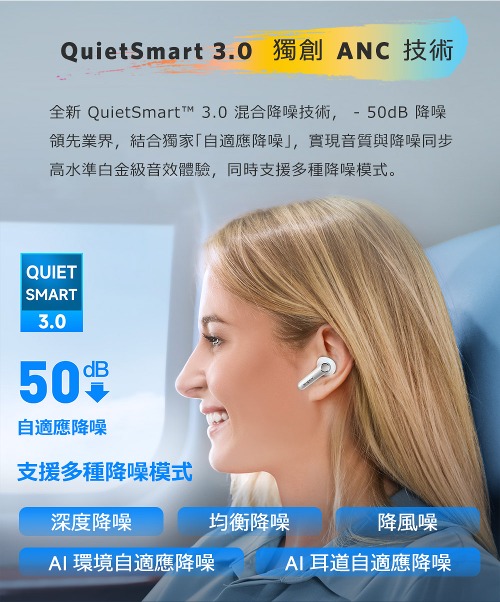 全新 QuietSmart 3.0 混合降噪技術, 50dB 降噪