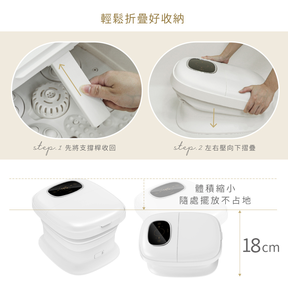 輕鬆折疊好收納 step.1 先將支撐桿收回 step. 2 左右壓向下摺疊 體積縮小 隨處擺放不占地