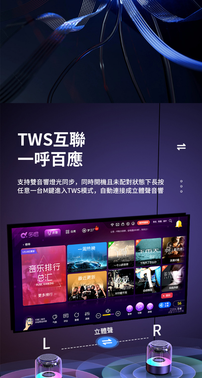 任意一台M鍵進入TWS模式,自動連接成立體聲音響