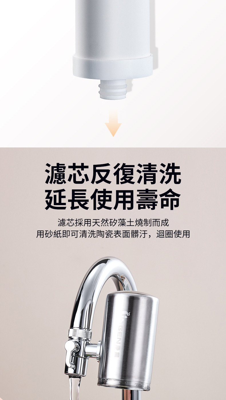 濾芯反復清洗 延長使用壽命 濾芯採用天然矽藻土燒制而成 用砂紙即可清洗陶瓷表面髒汙,迴圈使用 