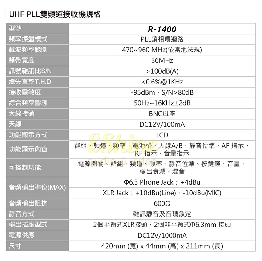 UHF PLL雙頻道接收機規格型號頻率振盪模式載波頻率範圍頻帶寬度訊號雜訊比/N總失真率T.H.D接收靈敏度綜合頻率響應R-1400PLL鎖相環迴路470~960MHz(依當地法規)36MHz100dB(A)0.6%@1kHz-95dBmS/N80dB50Hz~16KHz±2dBBNC母座天線接頭天線DC12V/100mA功能顯示方式LCD功能顯示內容群組、頻道、頻率、電池格、天線A/B、靜音位準、AF 指示、RF 指示、音量指示可控制功能音頻輸出準位(MAX)音頻輸出阻抗靜音方式電源開關、群組、頻道、頻率、靜音位準、按鍵鎖、音量、輸出衰減、混音6.3 Phone Jack: +4dBuXLR Jack:+10dBu(Line)、-10dBu(MIC)6002雜訊靜音及音碼鎖定輸出插座型式2個平衡式XLR接頭、2個非平衡式6.3mm 接頭電源供應尺寸DC12V/1000mA420mm (寬)x44mm(高)x211mm (長)
