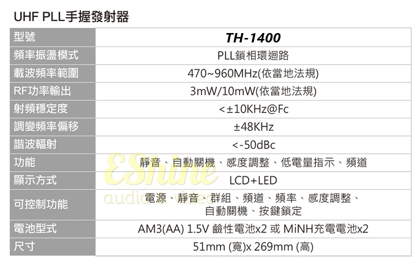 UHF PLL手握發射器型號頻率振盪模式載波頻率範圍RF功率輸出射頻穩定度調變頻率偏移TH-1400PLL鎖相環迴路470~960MHz(依當地法規)3mW/10mW(依當地法規)±10KHz@Fc±48KHz諧波輻射-50dBc功能靜音、自動關機、感度調整、低電量指示、頻道顯示方式LCD+LED可控制功能電源、靜音、群組、頻道、頻率、感度調整、自動關機、按鍵鎖定電池型式尺寸AM3(AA) 1.5V 鹼性電池x2 或MiNH充電電池x251mm (寬)x269mm (高)