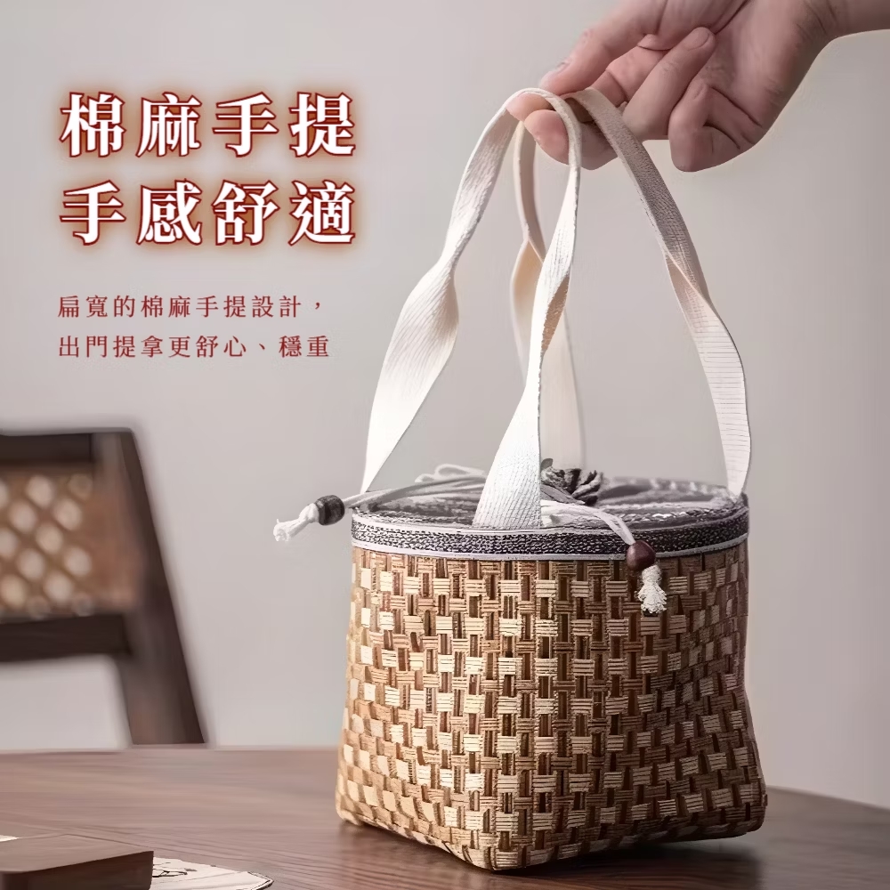 棉麻手提 手感舒適 扁寬的棉麻手提設計, 出門提拿更舒心、穩重 