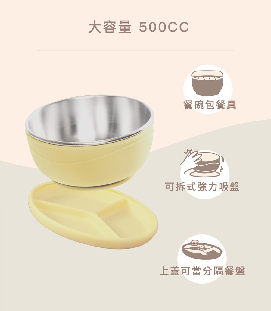 大容量 500CC 餐碗包餐具 可拆式強力吸盤 上蓋可當分隔餐盤 
