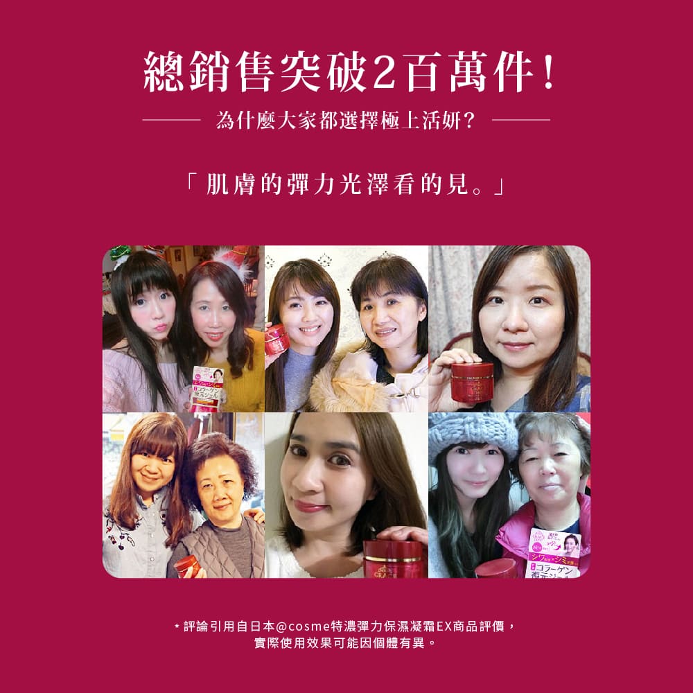 總銷售突破2百萬件 為什麼大家都選擇極上活妍 肌膚的彈力光澤看的見。 評論引用自日本cosme特濃彈力保濕凝霜EX商品評價, 實際使用效果可能因個體有異。