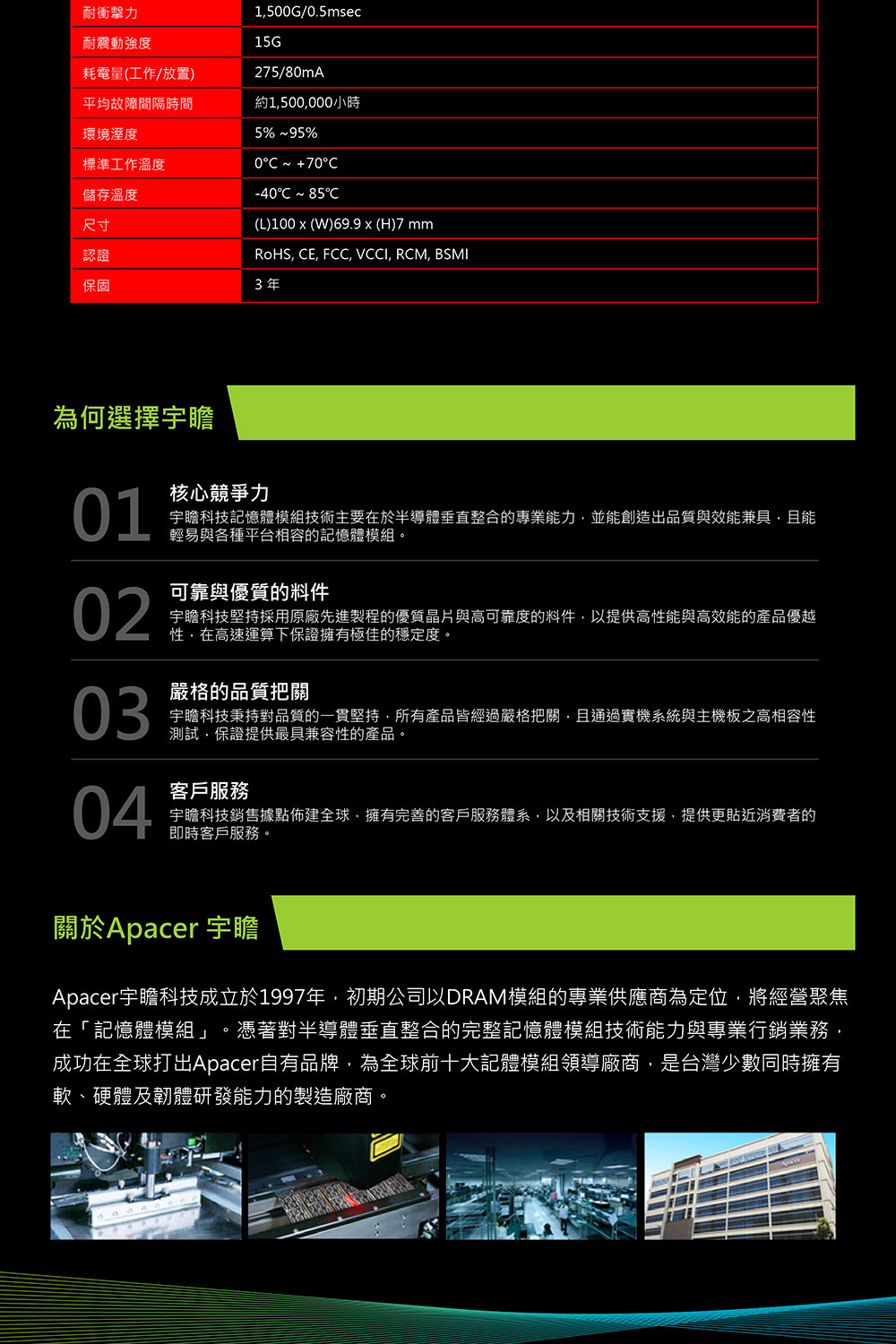 Apacer宇瞻科技成立於1997年,初期公司以DRAM模組的專業供應商為定位,將經營聚焦