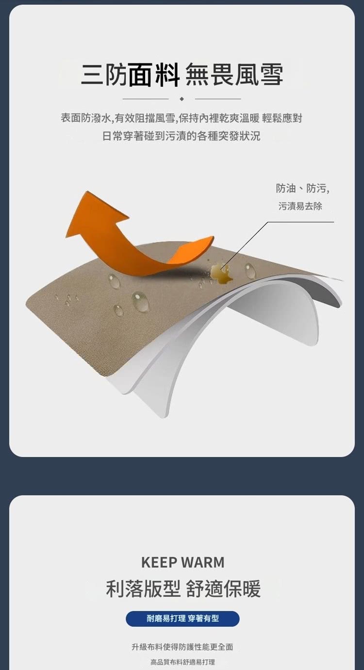 表面防潑水,有效阻擋風雪,保持內裡乾爽溫暖 輕鬆應對