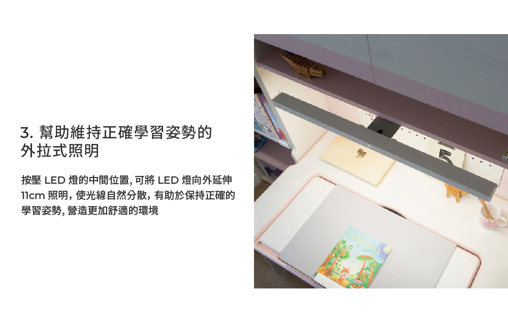 3. 幫助維持正確學習姿勢的 外拉式照明 按壓 LED 燈的中間位置,可將LED 燈向外延伸 11cm 照明,使光線自然分散,有助於保持正確的 學習姿勢,營造更加舒適的環境 
