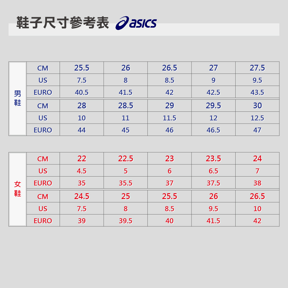 鞋子尺寸參考表 Oasics 男鞋 女 鞋 