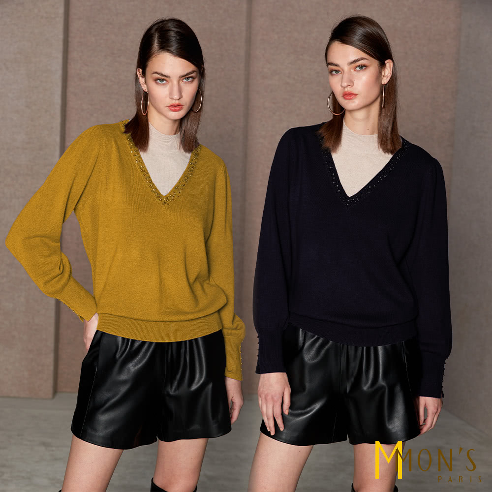 MON’S V領縫珠全羊毛針織上衣(直) 推薦