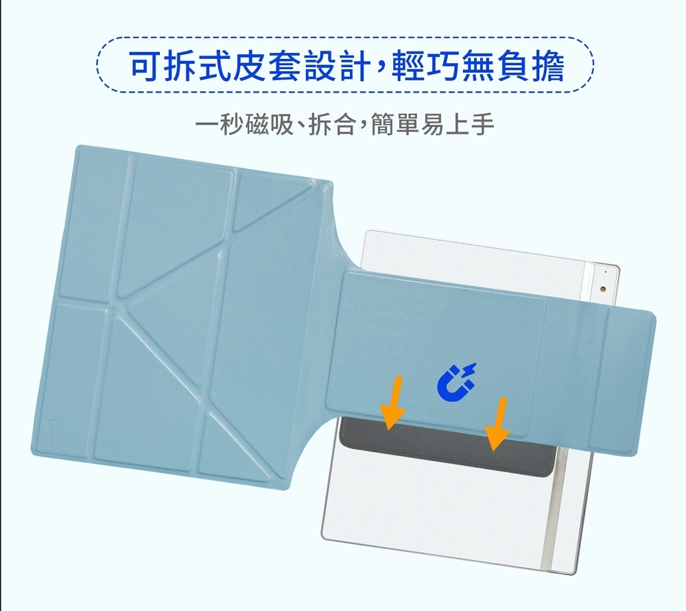 可拆式皮套設計,輕巧無負擔 一秒磁吸、拆合,簡單易上手 