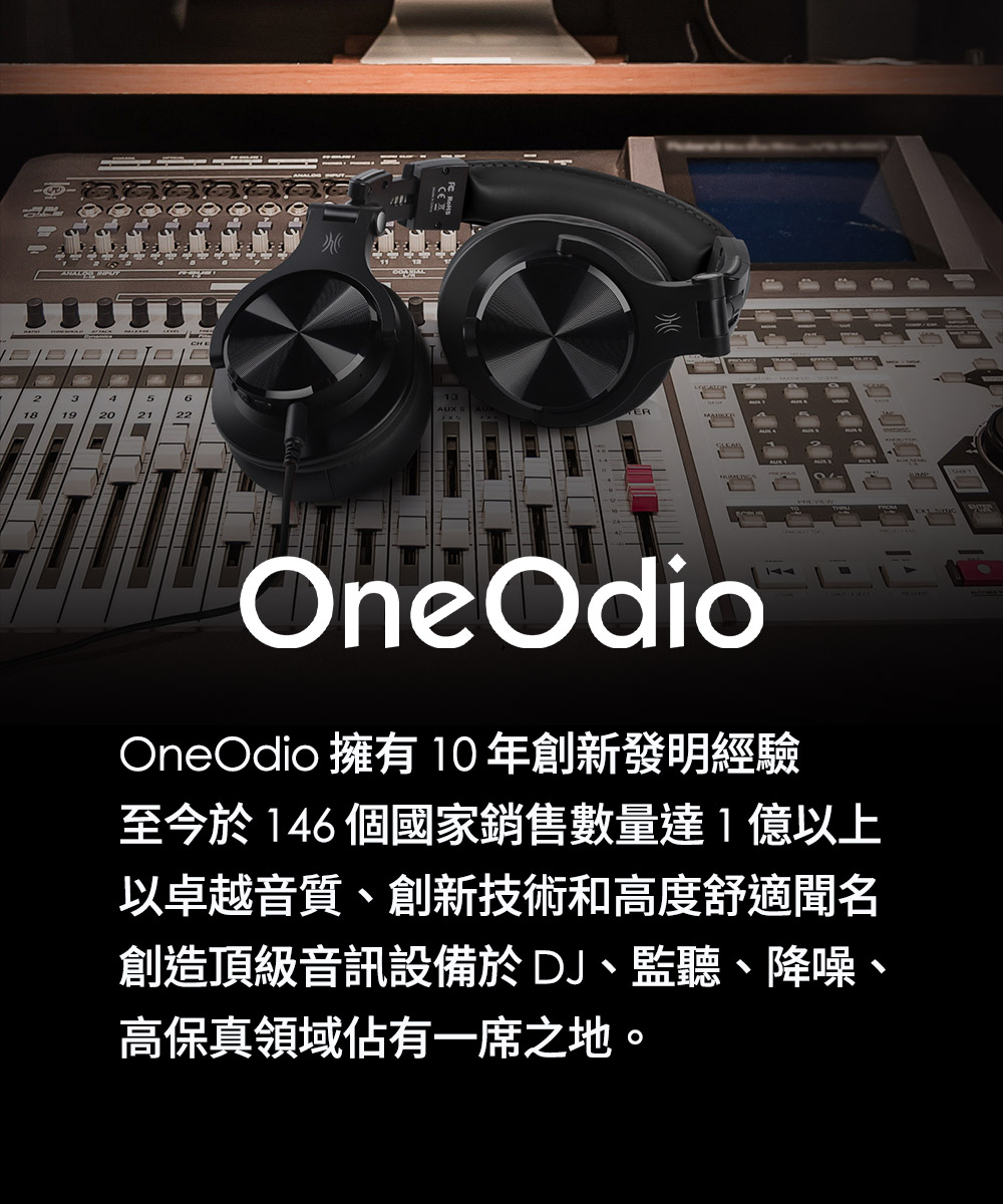 OneOdio 擁有10年創新發明經驗 至今於 146 個國家銷售數量達1億以上 以卓越音質、創新技術和高度舒適聞名 創造頂級音訊設備於DJ、監聽、降噪、 高保真領域佔有一席之地。 