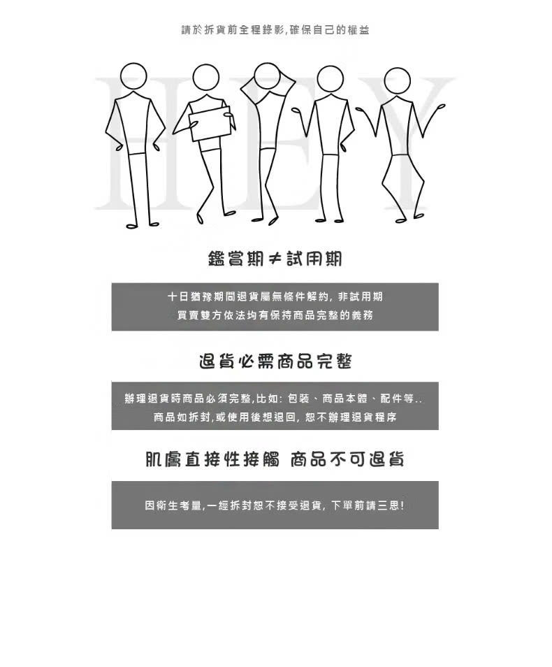 辦理退貨時商品必須完整,比如包装、商品本體、配件等..