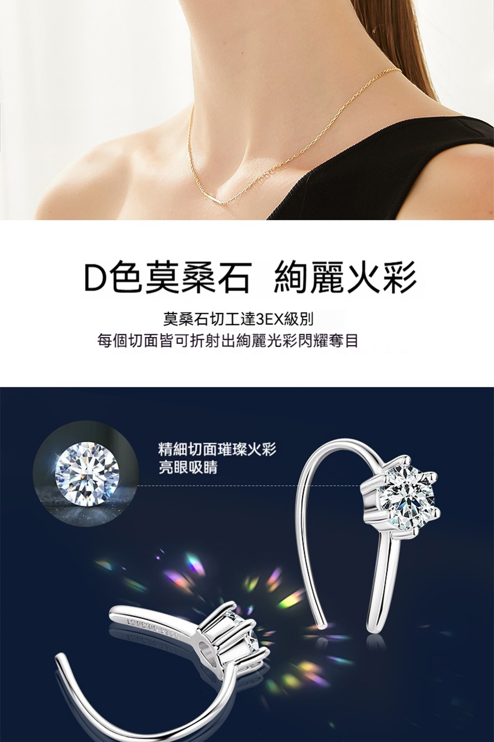 D色莫桑石 絢麗火彩 莫桑石切工達3EX級別 每個切面皆可折射出絢麗光彩閃耀奪目 精細切面璀璨火彩 亮眼吸睛 