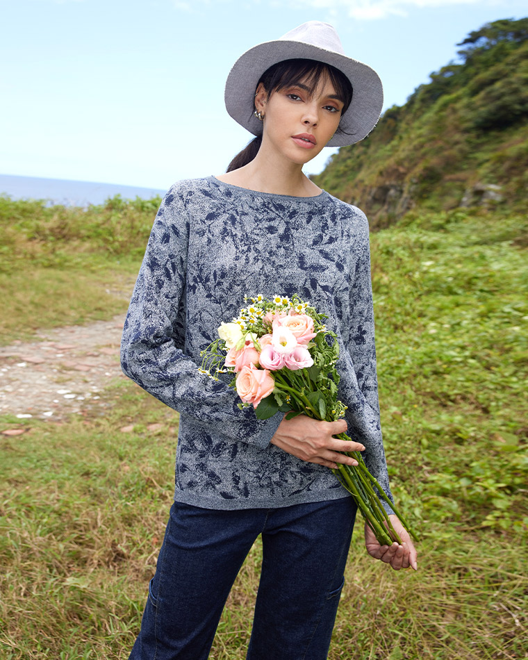 FREE INDIGO有機棉葉紋側開衩針織衫(丈青/深紫)優