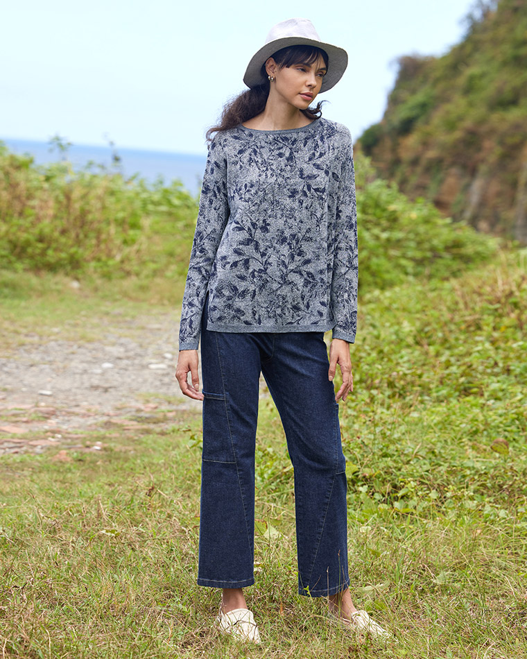 FREE INDIGO有機棉葉紋側開衩針織衫(丈青/深紫)優