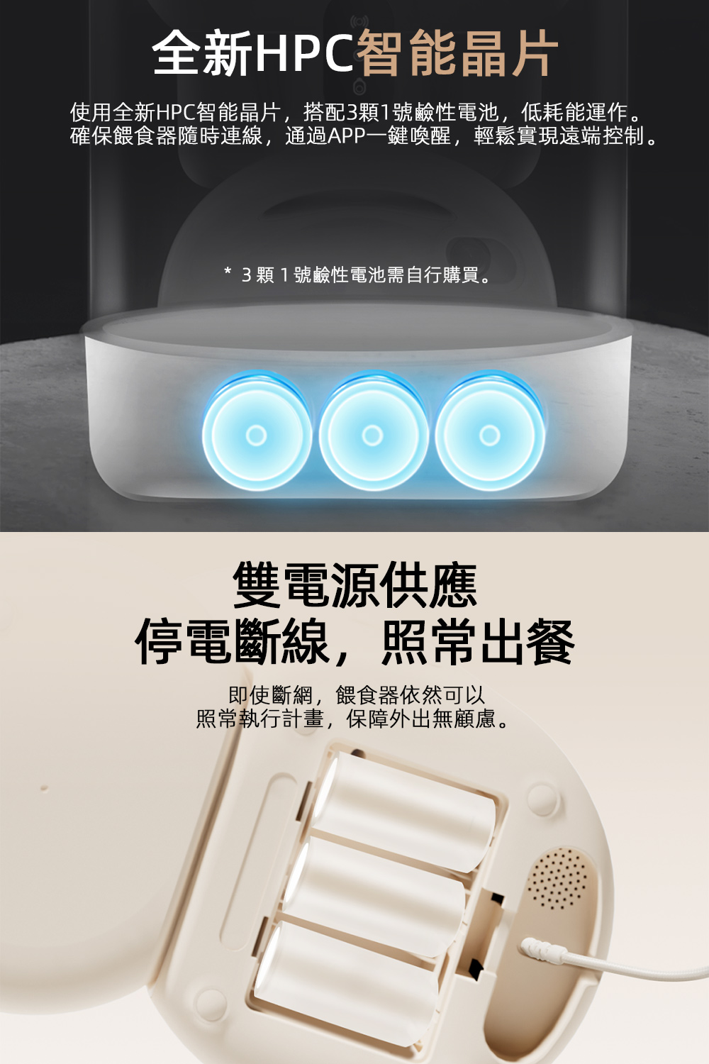 使用全新HPC智能晶片,搭配3顆1號鹼性電池,低耗能運作。