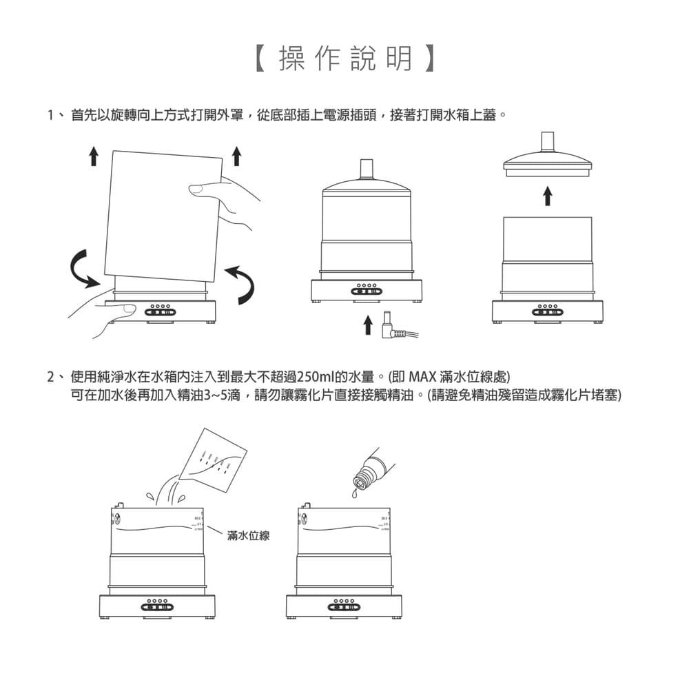æä½èªªæ 1ãé¦åä»¥æè½åä¸æ¹å¼æéå¤ç½©,å¾åºé¨æä¸é»æºæé ­,æ¥èæéæ°´ç®±ä¸èã 2ãä½¿ç¨ç´æ·¨æ°´å¨æ°´ç®±åæ³¨å¥å°æå¤§ä¸è¶é250mlçæ°´éãå³MAX æ»¿æ°´ä½ç·è å¯å¨å æ°´å¾åå å¥ç²¾æ²¹35æ»´,è«å¿è®é§åçç´æ¥æ¥è§¸ç²¾æ²¹ãè«é¿åç²¾æ²¹æ®çé æé§åçå µå¡ æ»¿æ°´ä½ç· 