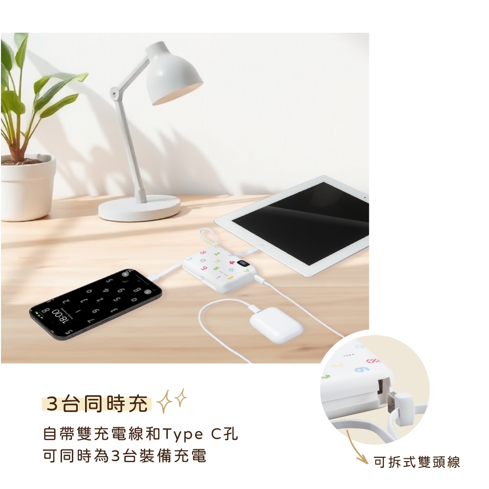 3台同時充 臺 自帶雙充電線和Type C孔 可同時為3台裝備充電 可拆式雙頭線