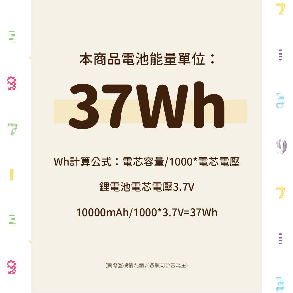 本商品電池能量單位 Wh計算公式電芯容量1000電芯電壓 鋰電池電芯電壓3.7V 實際登機情況請以各航司公告為主