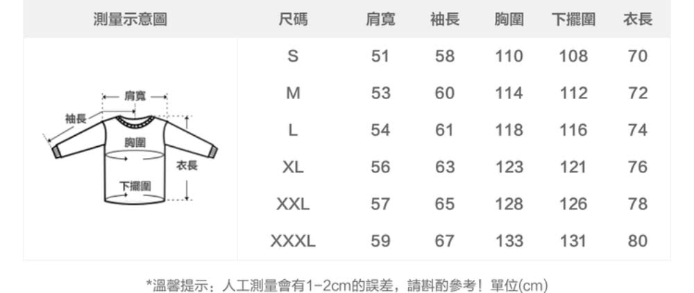 溫馨提示人工測量會有12cm的誤差,請斟酌參考單位cm