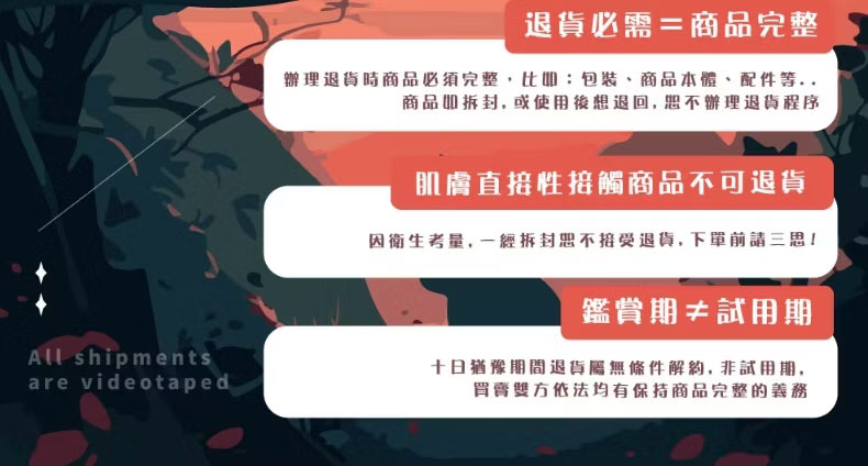 辦理退貨時商品必須完整,比如包裝、商品本體、配件等..