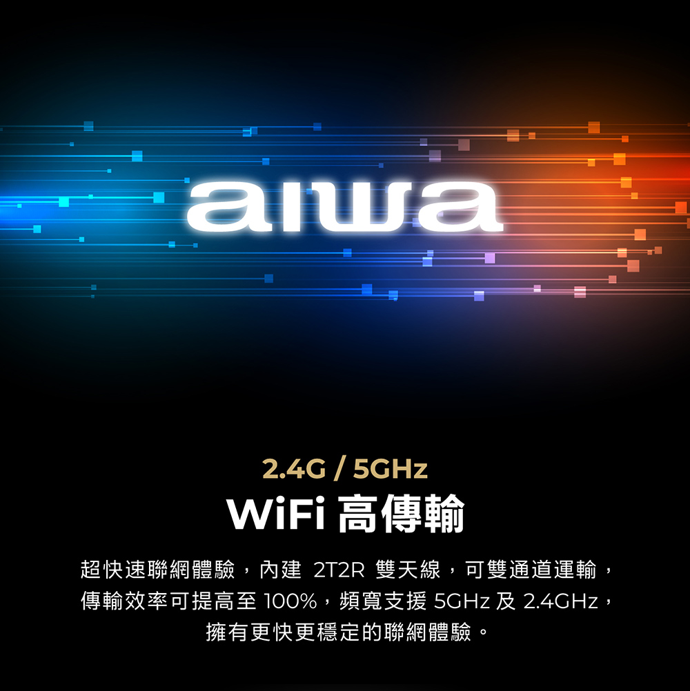 2.4G/WiFi 高傳輸超快速聯網體驗,內建 2T2R 雙天線,可雙通道運輸傳輸效率可提高至 100%,頻寬支援 5GHz及 2.4GHz,擁有更快更穩定的聯網體驗。