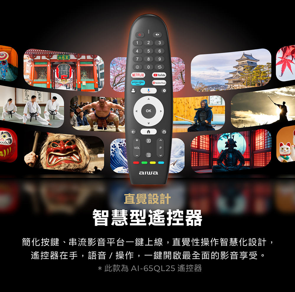 1234567890NETFLIXYouTube VOLOK直覺設計智慧型遙控器簡化按鍵、串流影音平台一鍵上線,直覺性操作智慧化設計,遙控器在手,語音/操作,一鍵開啟最全面的影音享受。*此款為-65QL25 遙控器