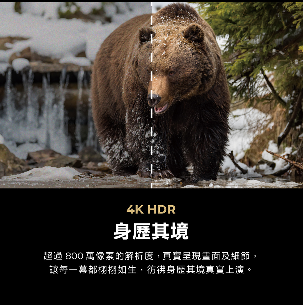 4K HDR身歷其境超過 800 萬像素的解析度,真實呈現畫面及細節,讓每一幕都栩栩如生,彷彿身歷其境真實上演。