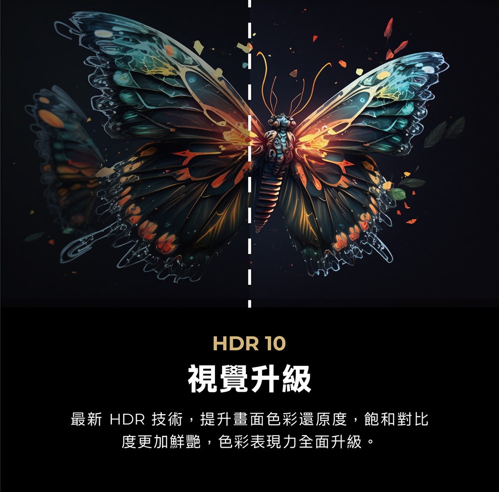 HDR 10視覺升級最新 HDR 技術,提升畫面色彩還原度,飽和對比度更加鮮艷,色彩表現力全面升級。