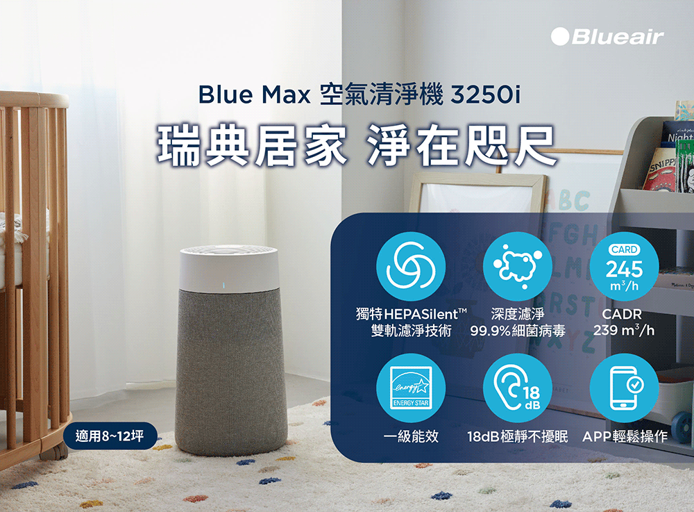 Blueair】(超值濾網組) BlueMax 智能wifi空氣清淨機3250i(輕巧/安靜/除