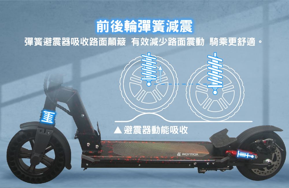 前後輪彈簧減震 彈簧避震器吸收路面顛簸 有效減少路面震動 騎乘更舒適 避震器動能吸收 
