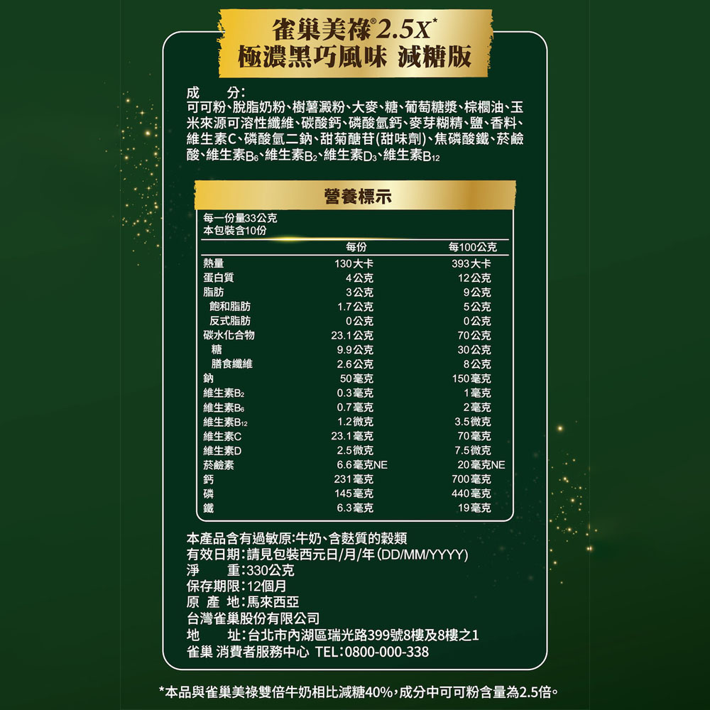 本品與雀巢美祿雙倍牛奶相比減糖40%,成分中可可粉含量為2.5倍。