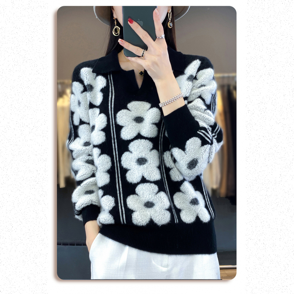 Very Buy 非常勸敗 預購/拼色花朵領純羊毛衫女裝秋冬