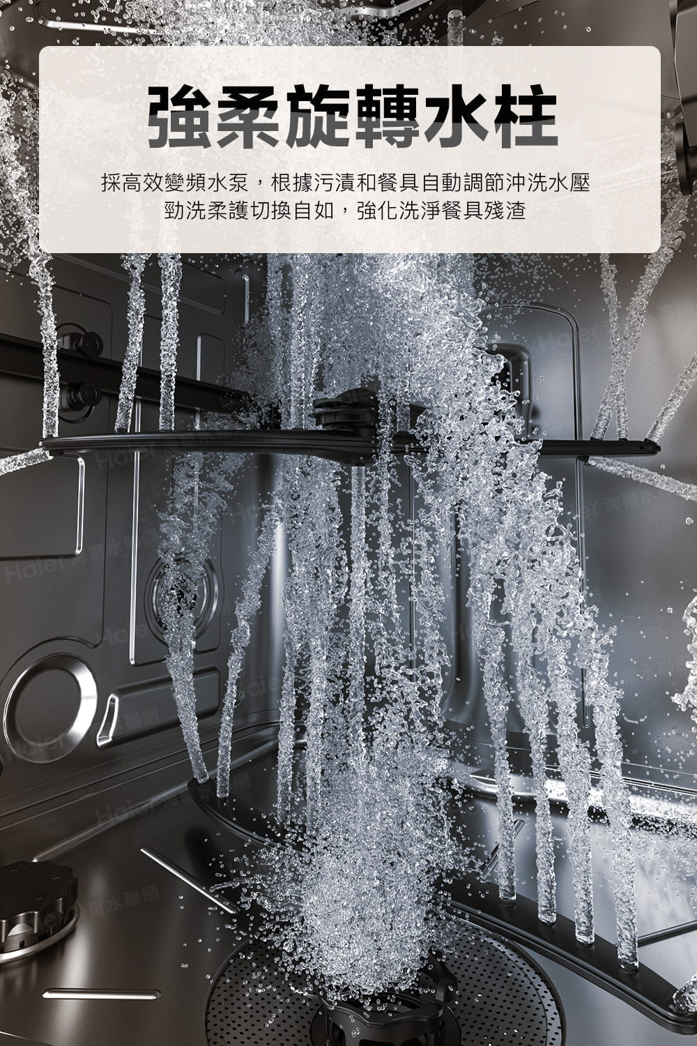 強柔旋轉水柱 採高效變頻水泵,根據污漬和餐具自動調節沖洗水壓 勁洗柔護切換自如,強化洗淨餐具殘渣 雨水聯網 
