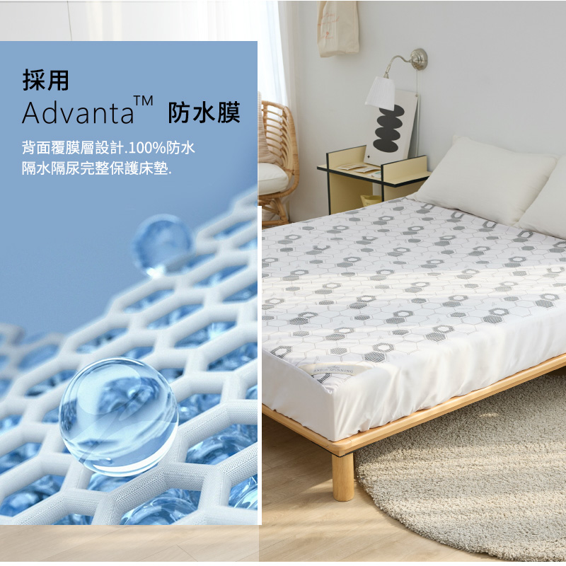 採用 Advanta 防水膜 背面覆膜層設計.100%防水 隔水隔尿完整保護床墊. 
