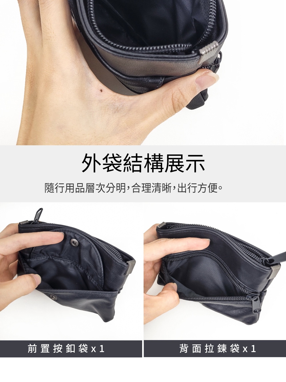 外袋結構展示 隨行用品層次分明,合理清晰,出行方便。 前置按釦袋x 1 背面拉鍊袋x 1 