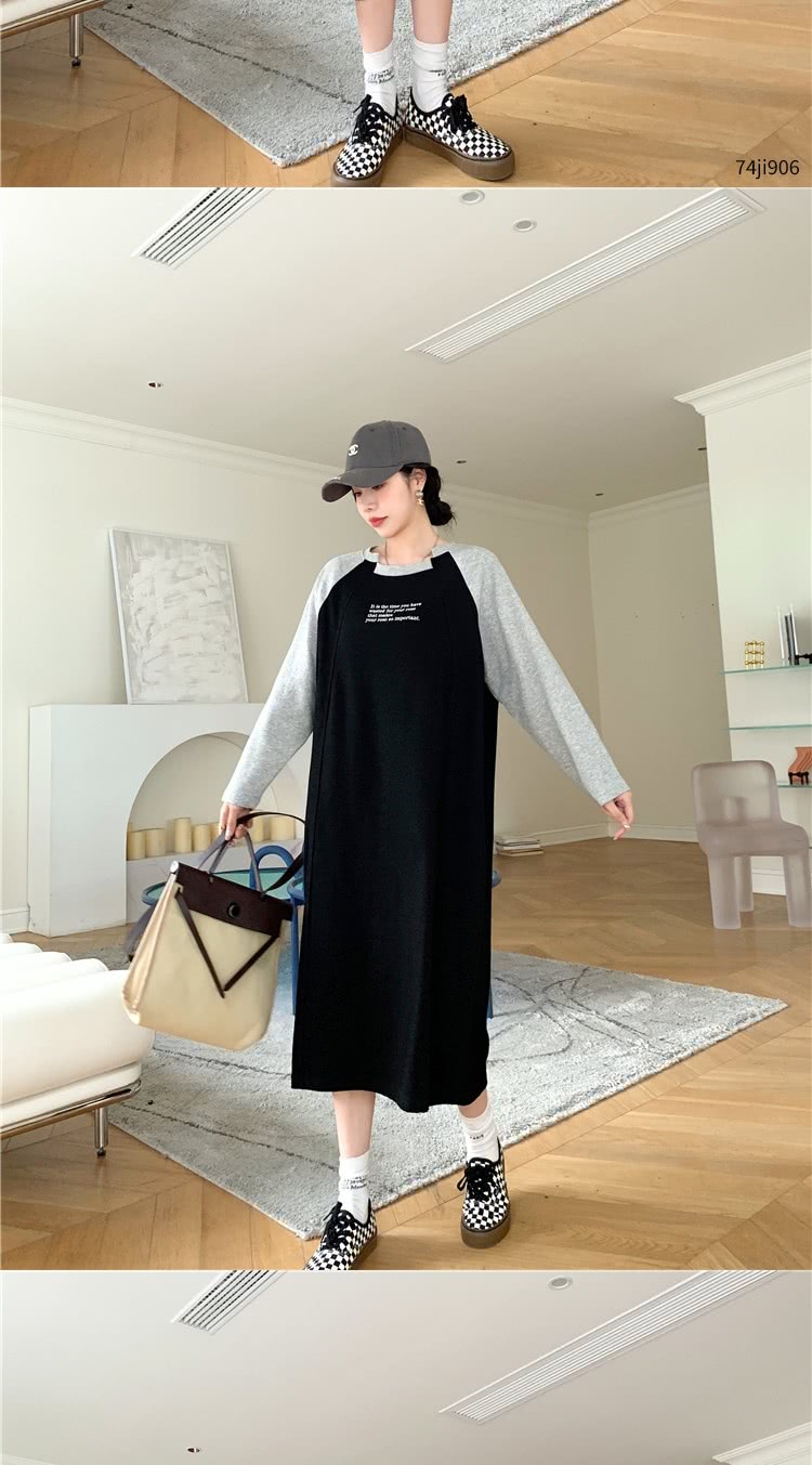 米蘭精品 洋裝長袖連身裙(大碼長袖氣質秋裝過膝寬鬆女裙子74