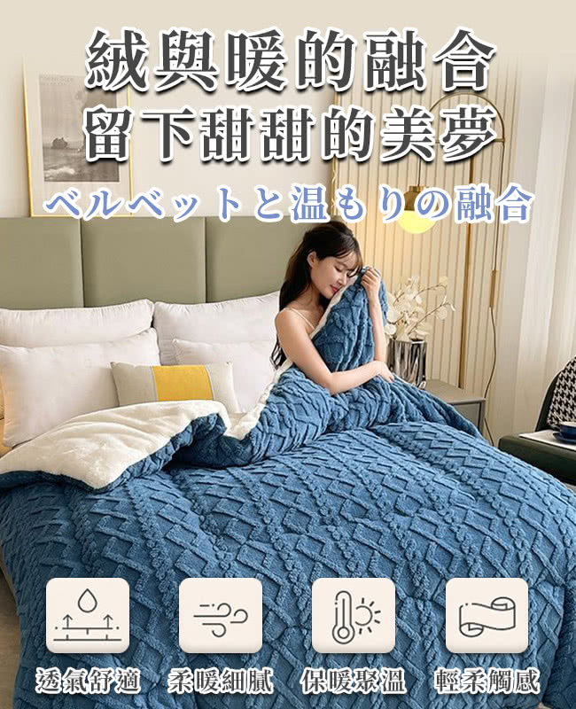三浦太郎 珊瑚絨羊羔绒塔芙绒兩用被/買一送一/藍色(毯子/毛