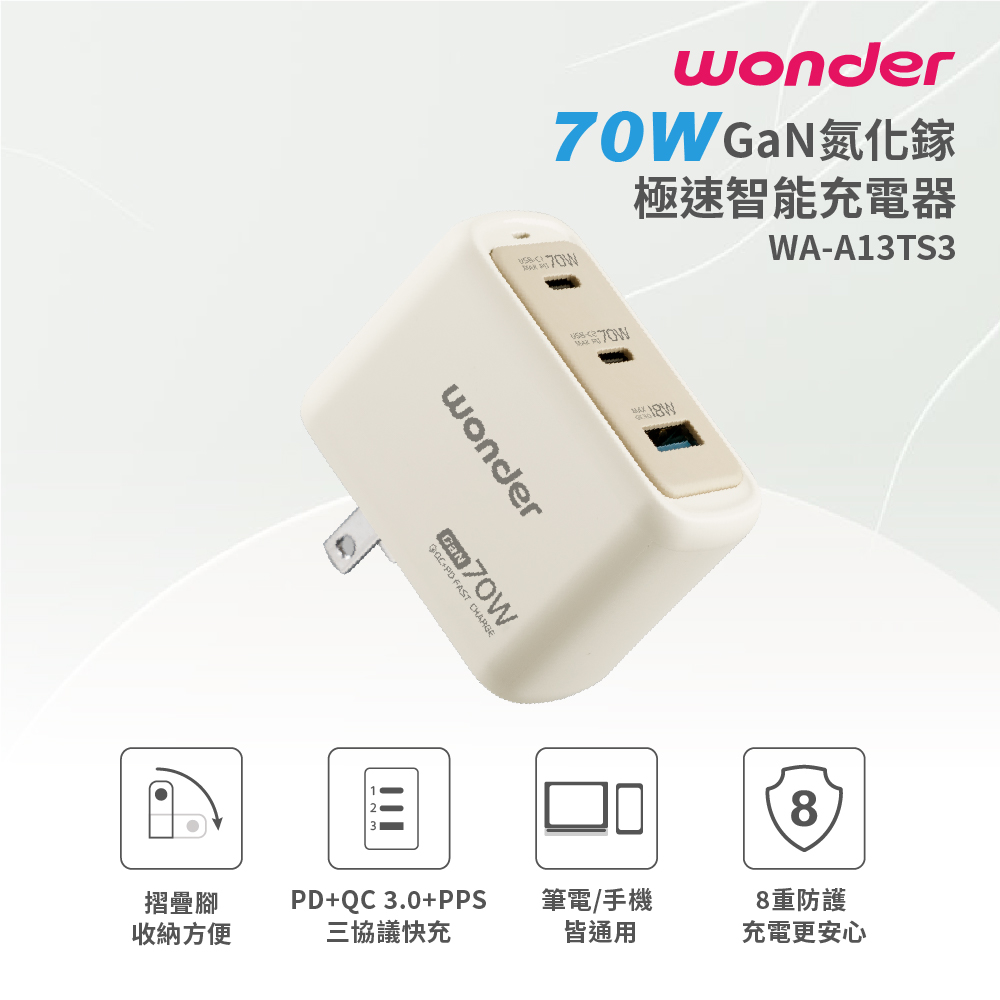 WONDER 旺德 70W GaN氮化鎵極速智能充電器 WA