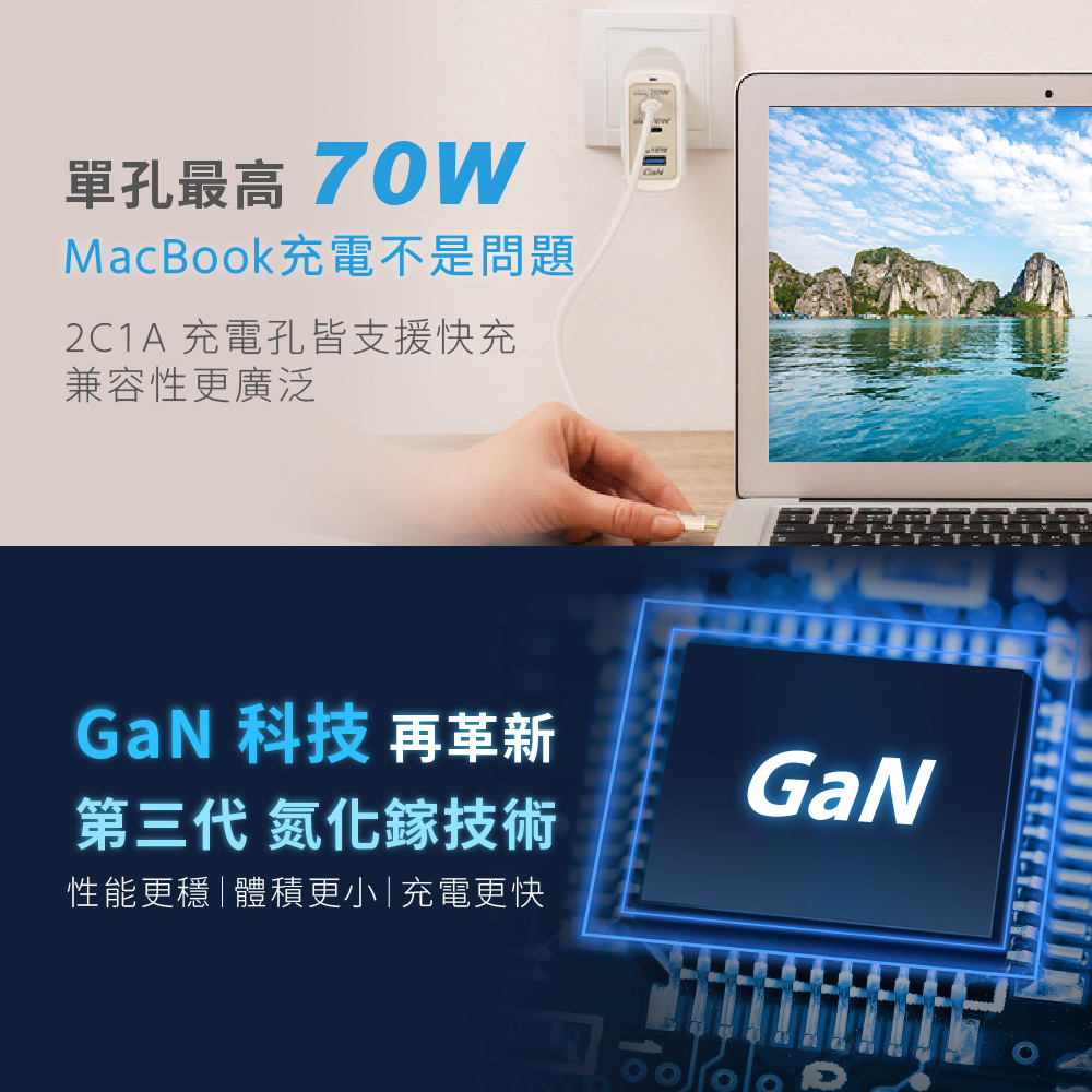 WONDER 旺德 70W GaN氮化鎵極速智能充電器 WA