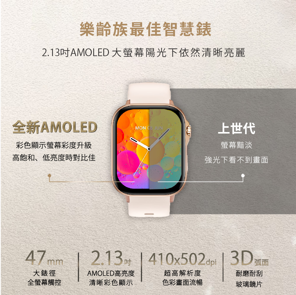 2.13吋AMOLED 大螢幕陽光下依然清晰亮麗