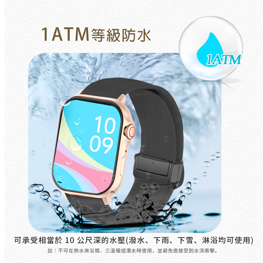 1ATM等級防水 可承受相當於 10公尺深的水壓潑水、下雨、下雪、淋浴均可使用 註不可在熱水淋浴間、三溫暖或潛水時使用,並避免直接受到水流衝擊。 