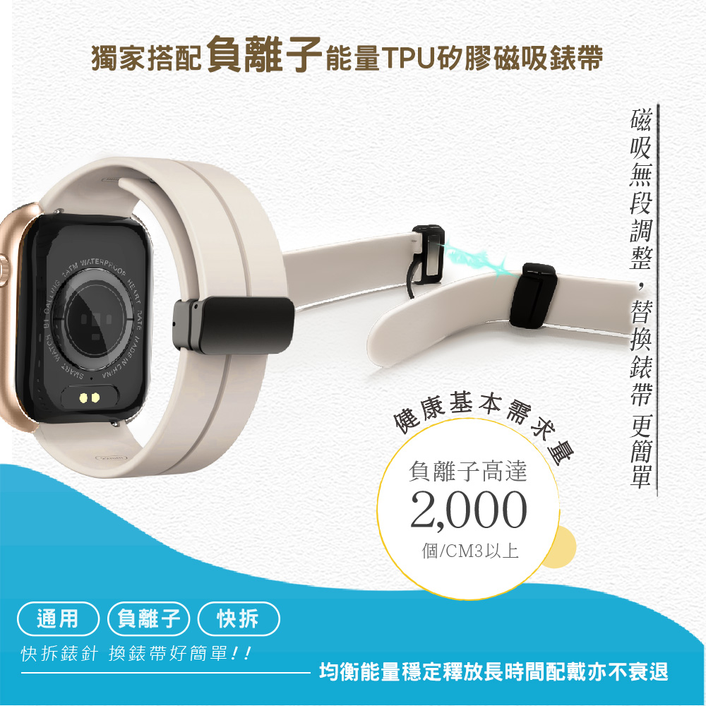 獨家搭配負離子能量TPU矽膠磁吸錶帶