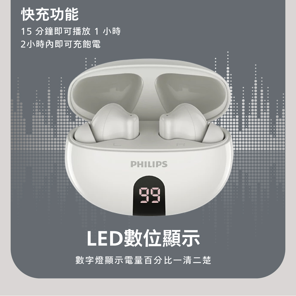 快充功能 15 分鐘即可播放 1 小時 2小時內即可充飽電 LED數位顯示 數字燈顯示電量百分比一清二楚 