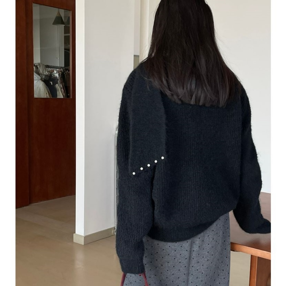 UniStyle 飄帶長袖毛衣 韓版設計感系帶釘珠上衣 女 