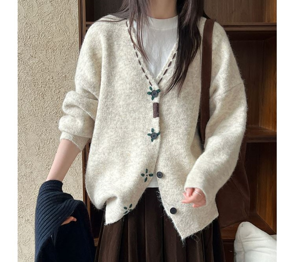 UniStyle 長袖毛衣外套 韓版V領鈎花軟糯百搭針織上衣